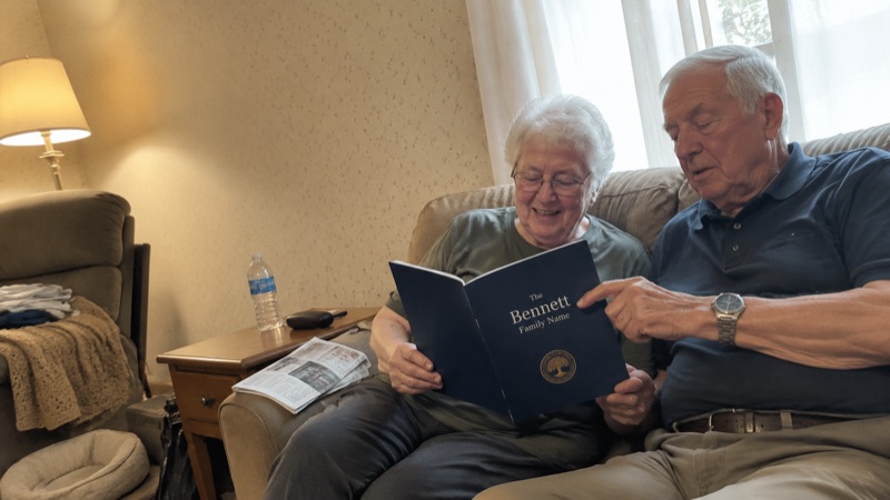 Carol and Ray Bennett reading their report together on the couch